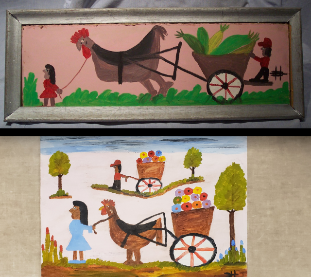 Top Image: "Chicken Pulling a Cart," William Toye, ca. 2009. Loaned by the Federal Bureau of Investigation, Bottom Image: "Gooster Pulling a Cart of Gourds,” Clementine Hunter, ca. 1975. Loaned by Thomas N. Whitehead. Top Image: "Chicken Pulling a Cart," William Toye, ca. 2009. Loaned by the Federal Bureau of Investigation, Bottom Image: "Gooster Pulling a Cart of Gourds,” Clementine Hunter, ca. 1975. Loaned by Thomas N. Whitehead.